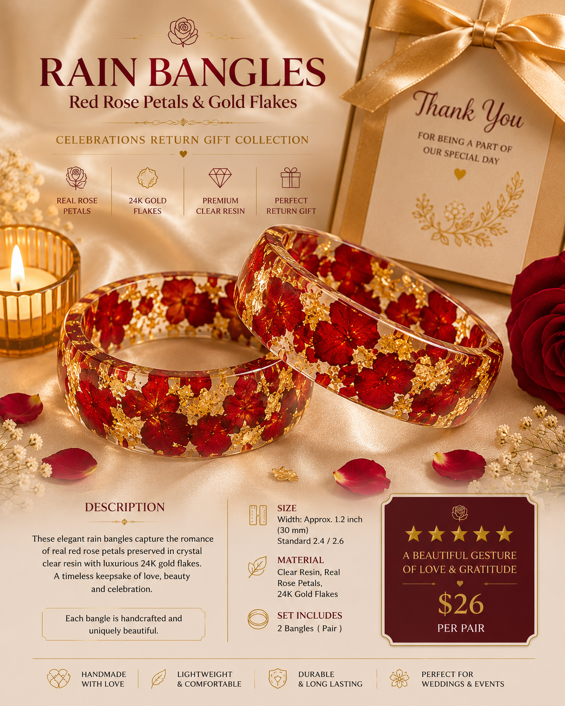 2 Piece - Resin Bangles crimson rose petals with gold flakes